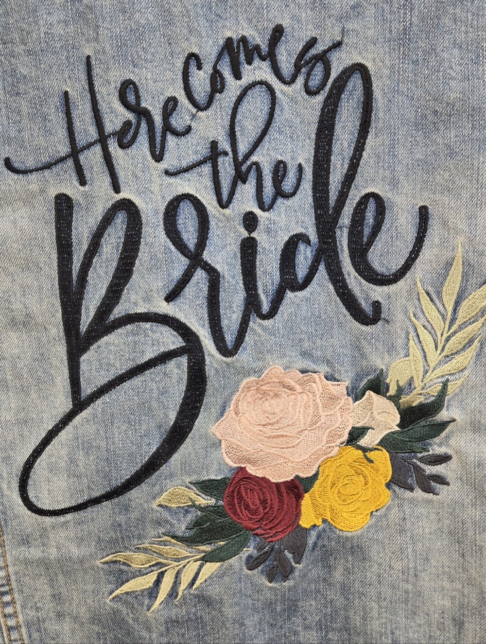 ThreeTwoOne Bride Denim Jacket Large Here Comes The Bride Embroidered Floral